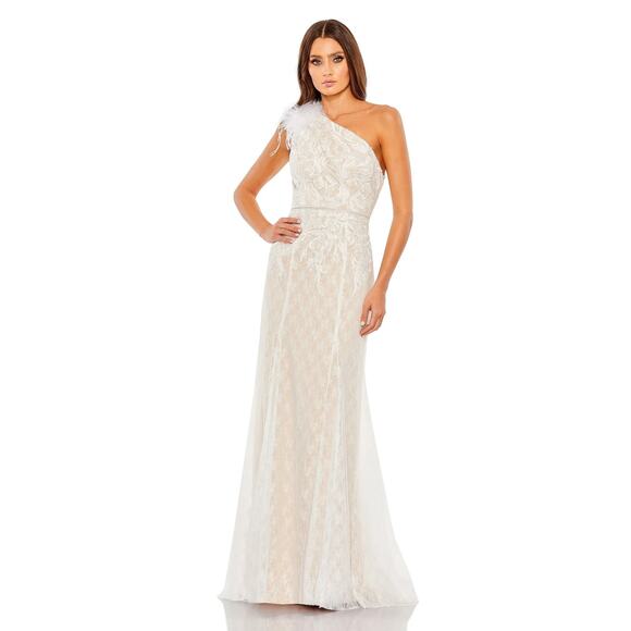 Mac Duggal NWT Asymmetrical One Shoulder Feather Accented Dress in Ivory Size 8 - Picture 1 of 8